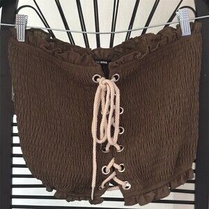 Fashion Nova Shorts Womens XL Brown Smocked Lace-Up Ruffle Hem Festival